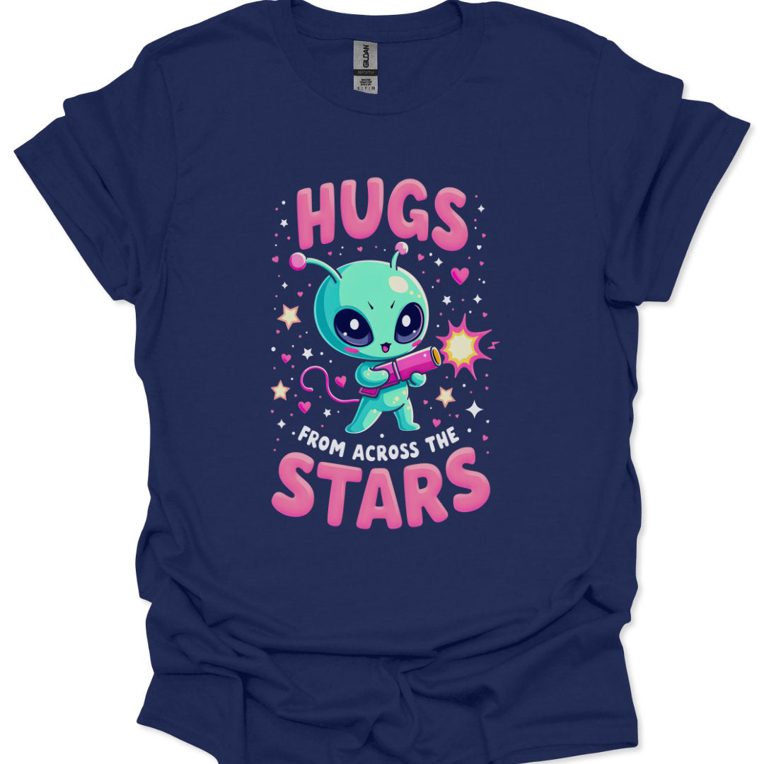 cute alien shooting a beam of hugs with sparkles and playful typography
