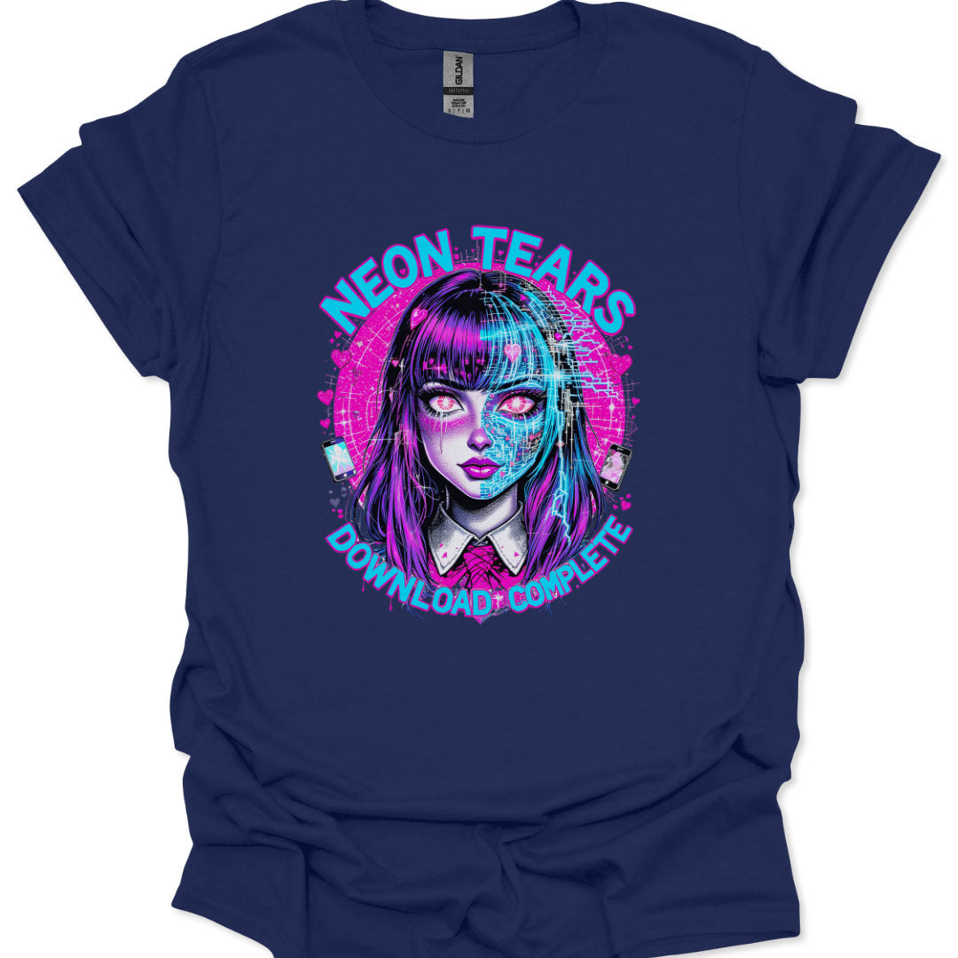 Navy blue t-shirt with a graphic design of a woman's face and 'Neon Tears' text on a white background