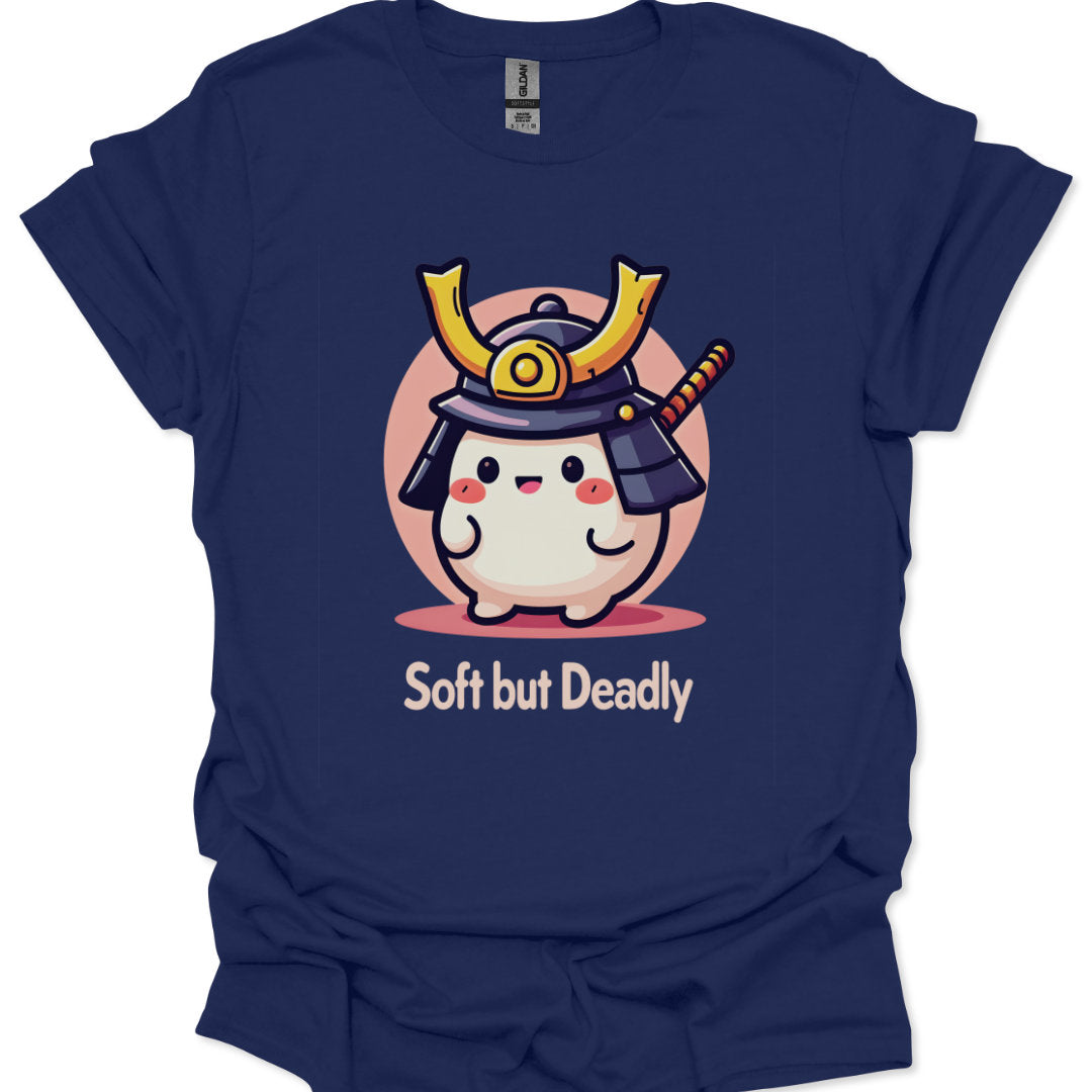 Navy blue t-shirt with a cartoon character in a samurai helmet and 'Soft but Deadly' text on a white background