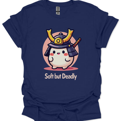 Navy blue t-shirt with a cartoon character in a samurai helmet and 'Soft but Deadly' text on a white background
