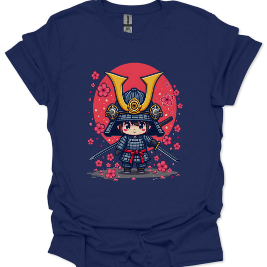 Navy blue t-shirt with a cartoon samurai design on a white background