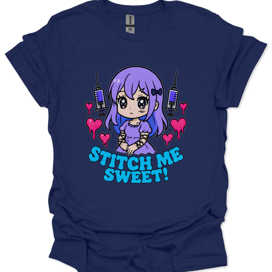 chibi yami kawaii girl with stitched cheek and lace sleeves surrounded by dripping hearts