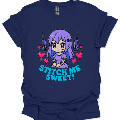 chibi yami kawaii girl with stitched cheek and lace sleeves surrounded by dripping hearts