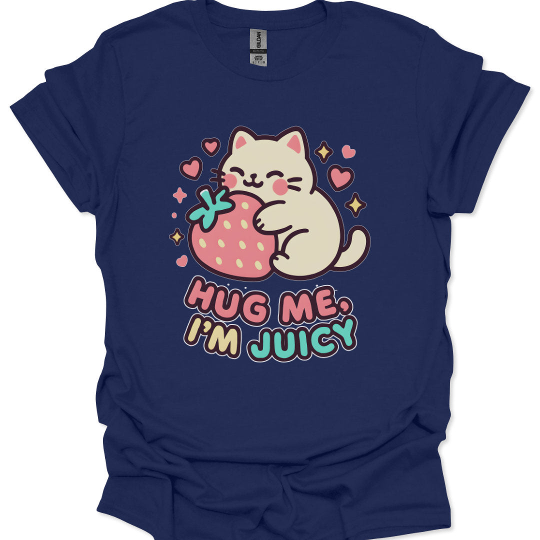Navy blue t-shirt with a cartoon cat holding a strawberry and 'Hug Me, I'm Juicy' text on a white background.