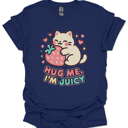 Navy blue t-shirt with a cartoon cat holding a strawberry and 'Hug Me, I'm Juicy' text on a white background.