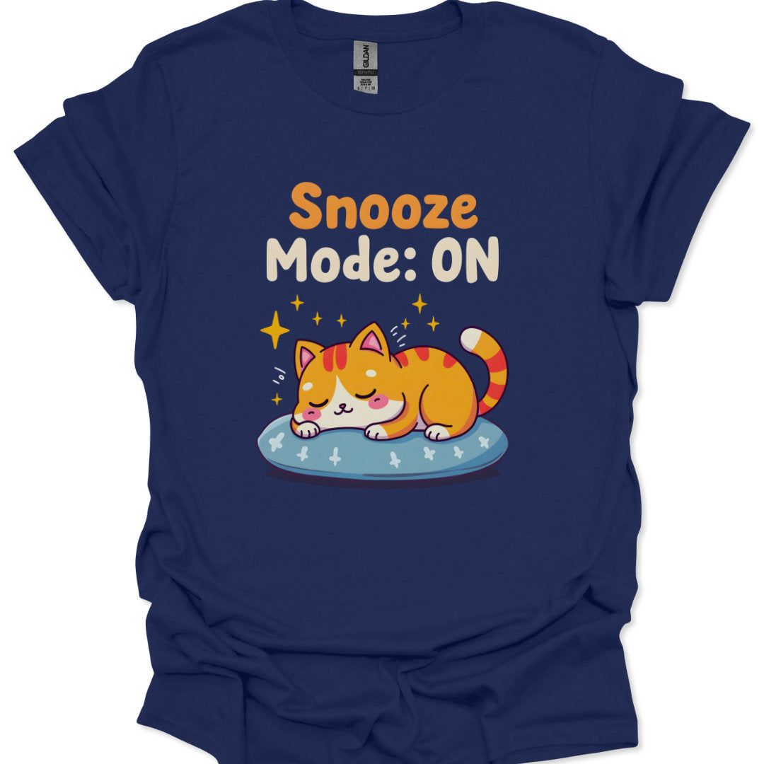 Navy blue t-shirt with a cartoon cat and 'Snooze Mode: ON' text on a white background