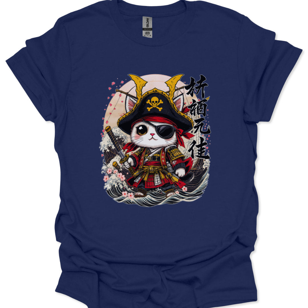 Navy blue t-shirt with a pirate-themed cat graphic and Japanese text on a white background