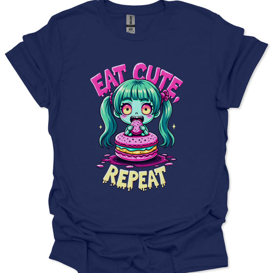 Navy blue t-shirt with a cartoon character and 'Eat Cute Repeat' text on a white background
