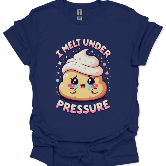 Navy blue t-shirt with a cartoon ice cream character and text 'I Melt Under Pressure' on a white background