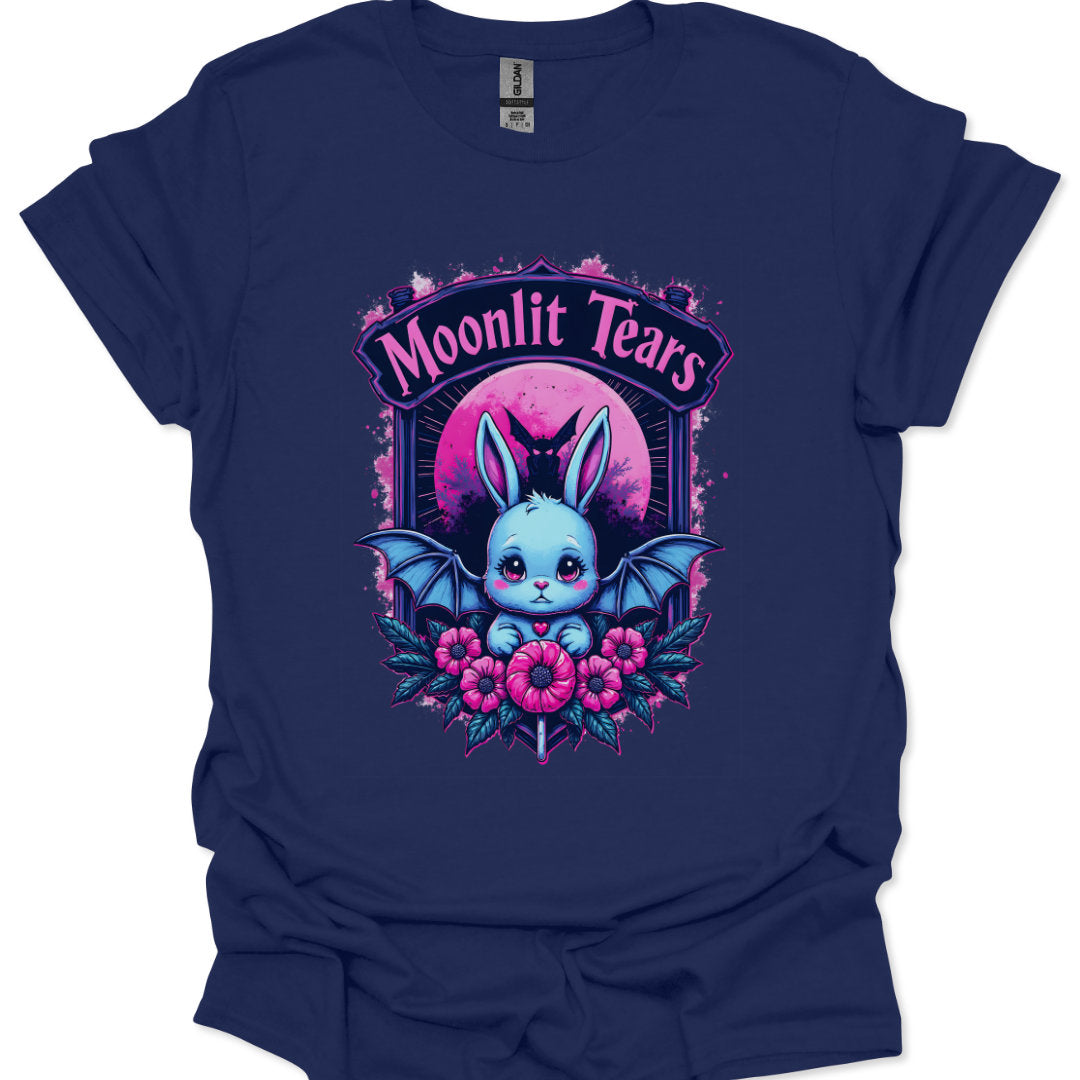 Navy blue t-shirt with a cute bat and flower design labeled 'Moonlit Tears' on a white background