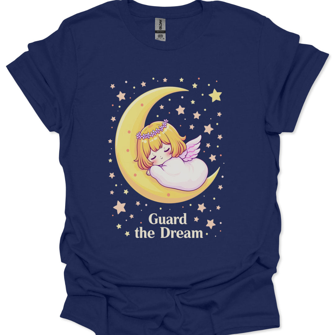 Navy blue t-shirt with a cartoon angel and moon design on a white background