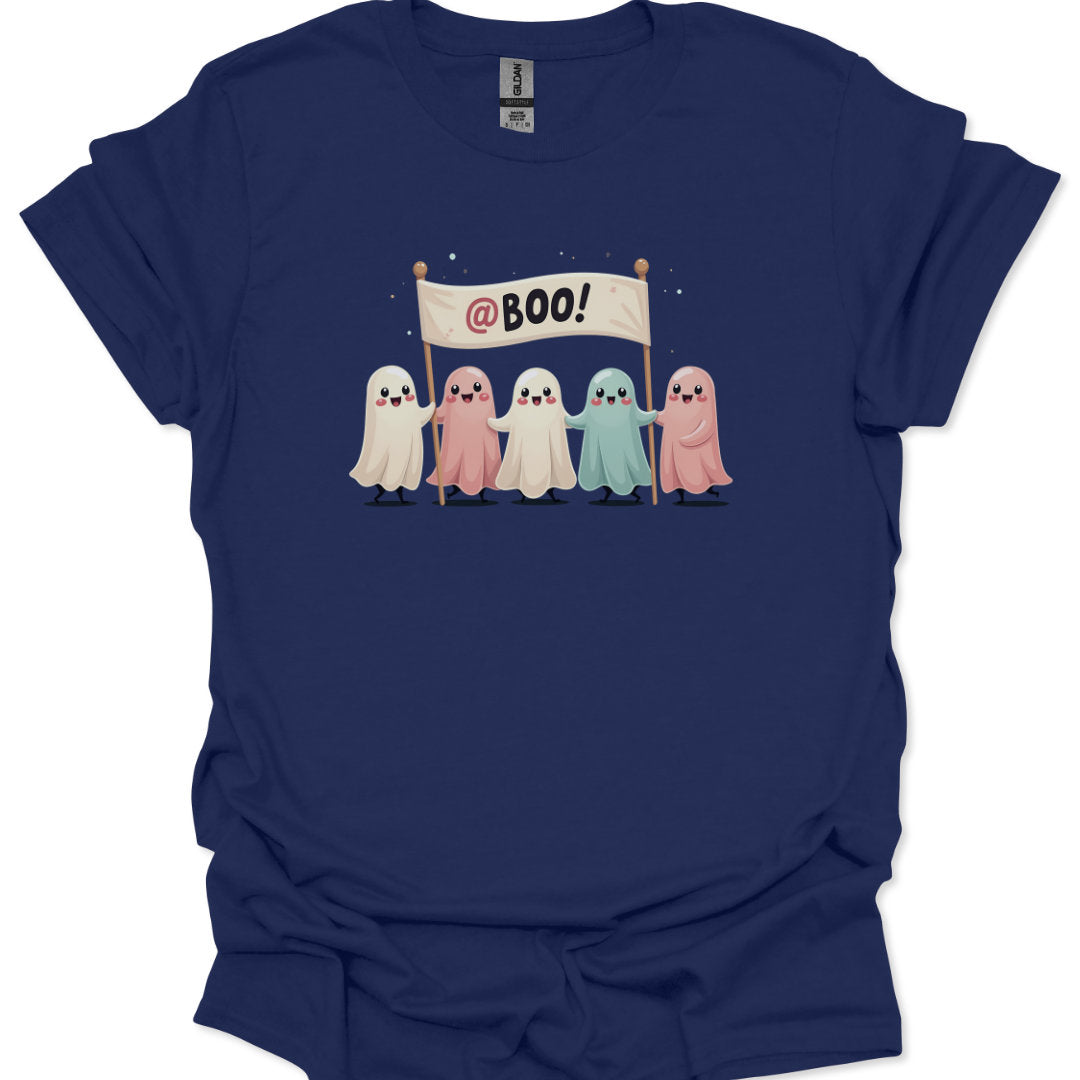 Navy blue t-shirt with cartoon ghosts holding a 'BOO!' banner on a white background