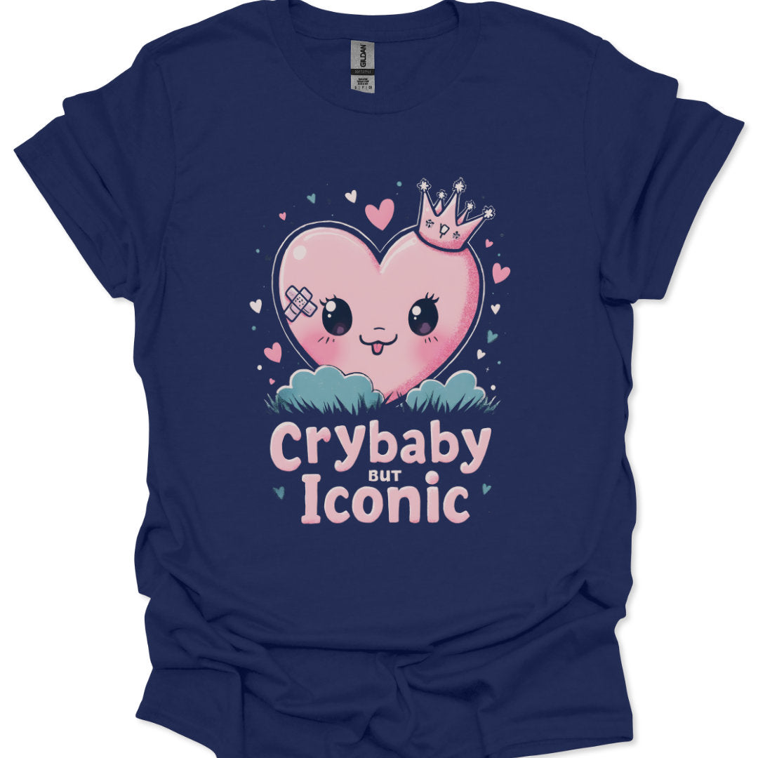 Navy blue t-shirt with a pink heart graphic and 'Crybaby but Iconic' text on a white background