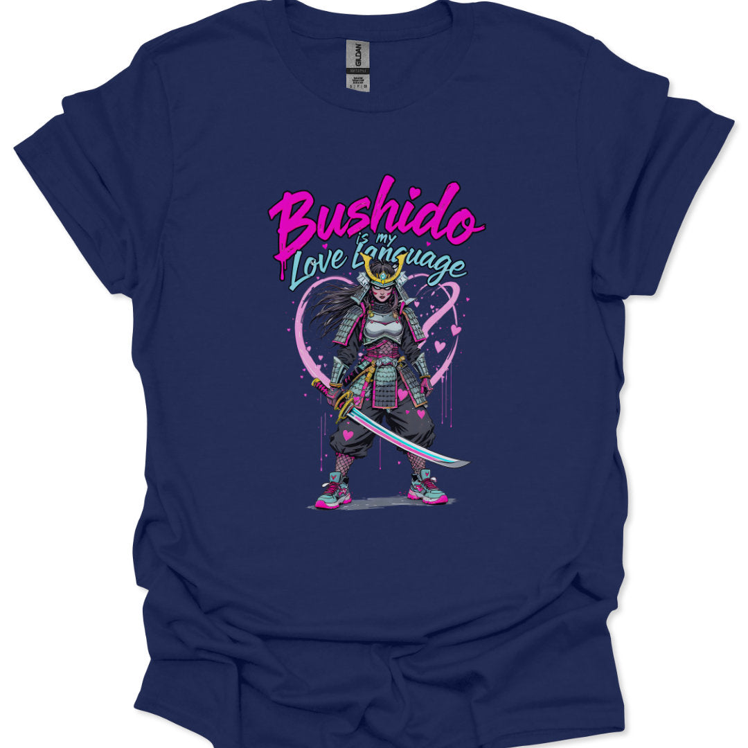 Navy blue t-shirt with a colorful graphic of a samurai and text 'Bushido is my Love Language' on a white background.