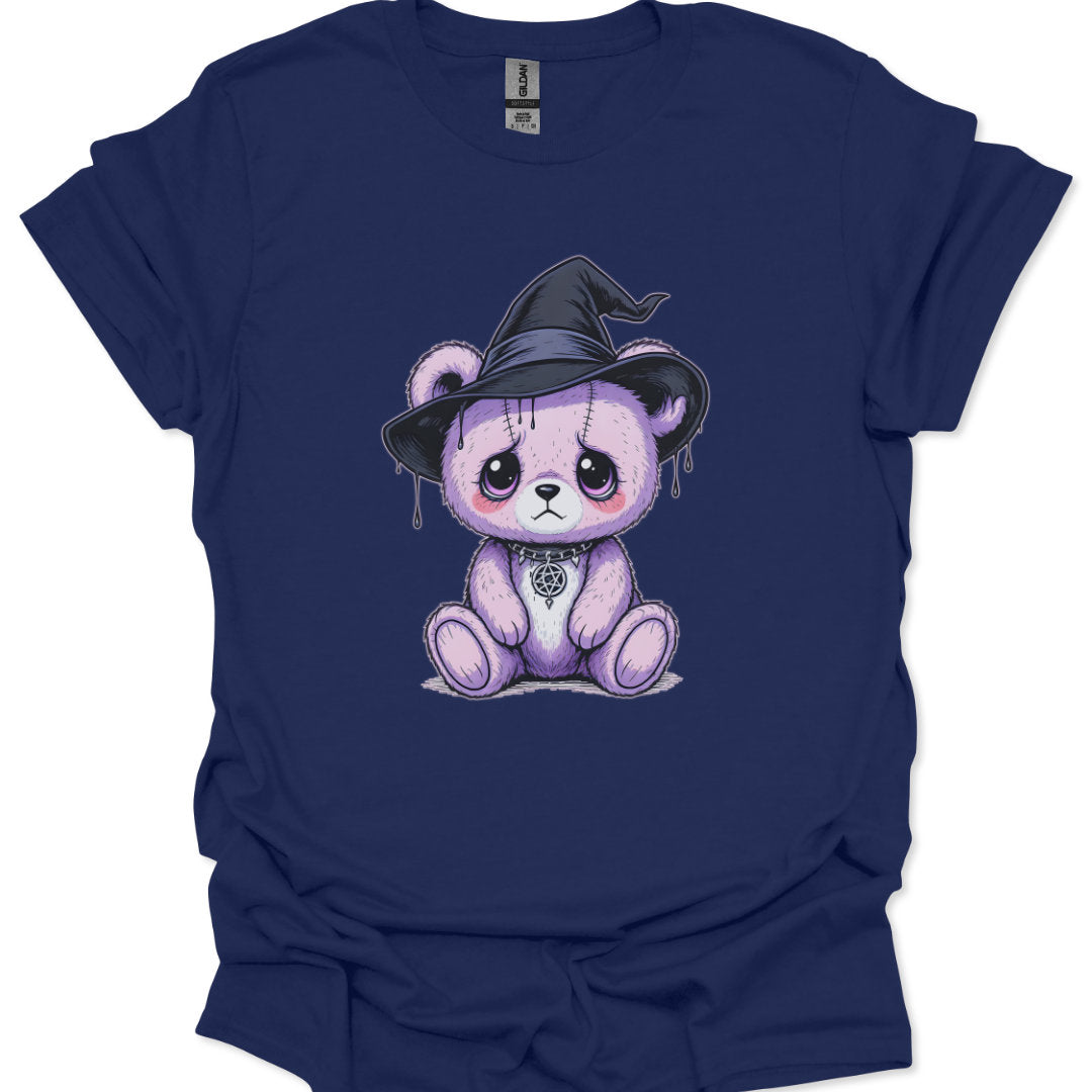 Navy blue t-shirt with a purple teddy bear wearing a witch hat design.
