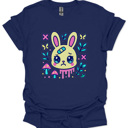 Kawaii sad bunny with bandage and drip effect surrounded by mushrooms and leaves
