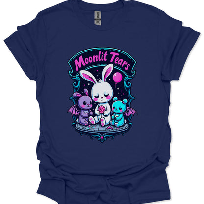Navy blue t-shirt with cartoon characters and 'Moonlit Tears' text on a white background
