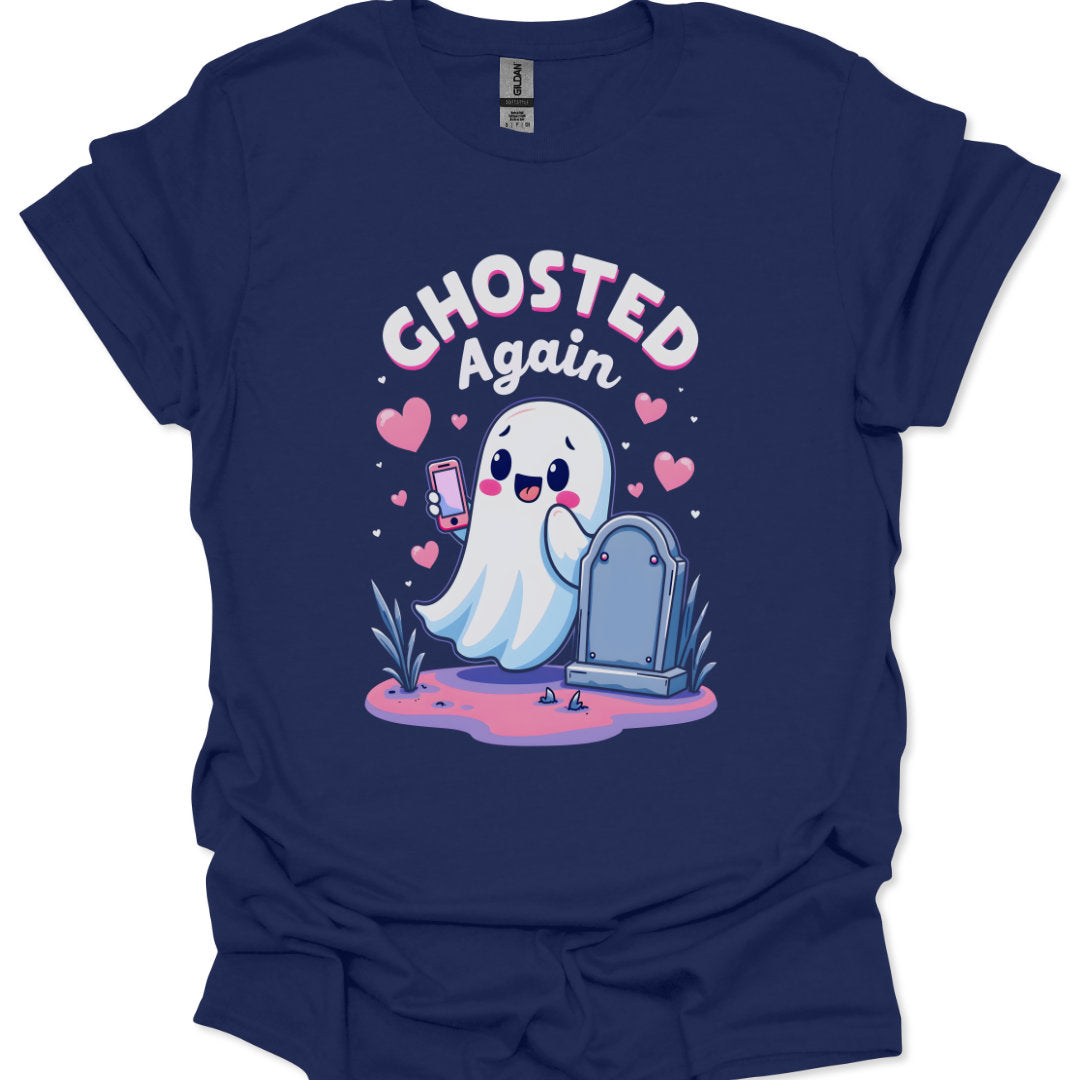 Navy blue t-shirt with a cartoon ghost and text 'Ghosted Again' on a white background