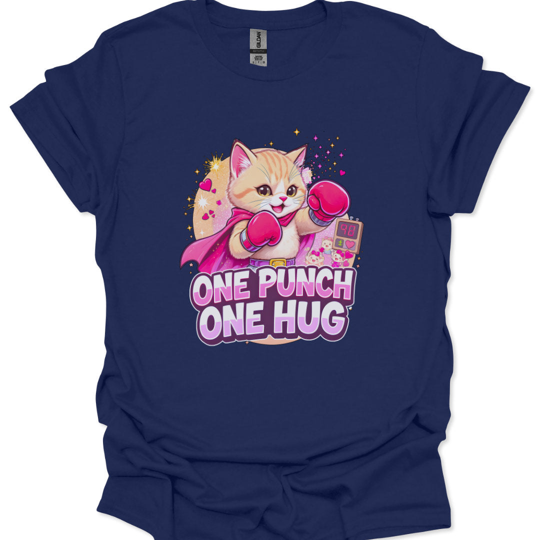 Navy blue t-shirt with a cartoon cat holding boxing gloves and text 'One Punch One Hug' on a white background.