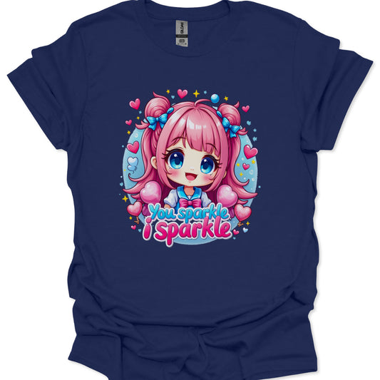 Navy blue t-shirt with a cartoon character and 'You Sparkle I Sparkle' text on a white background