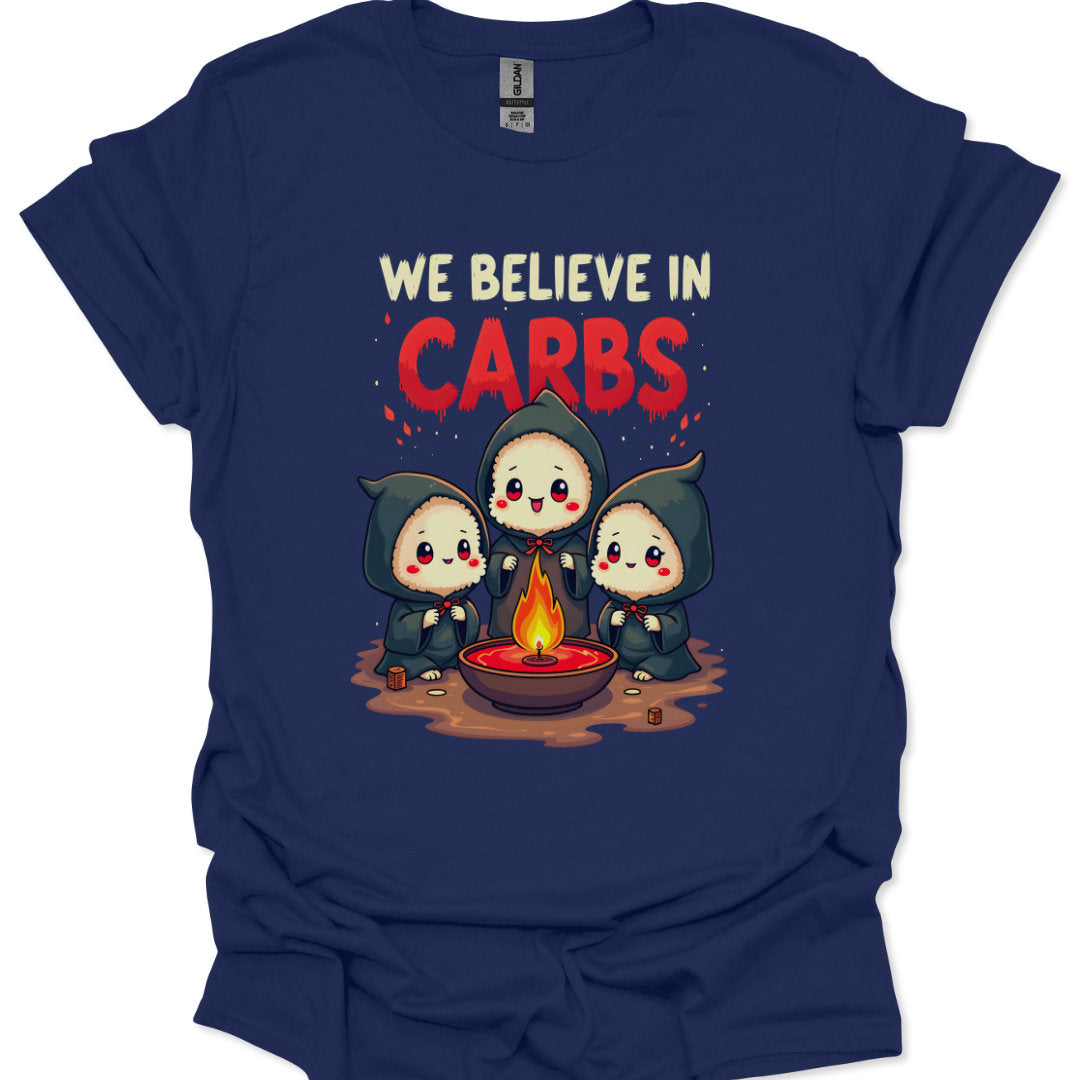 Navy blue t-shirt with cartoon characters around a fire and 'We Believe in Carbs' text.