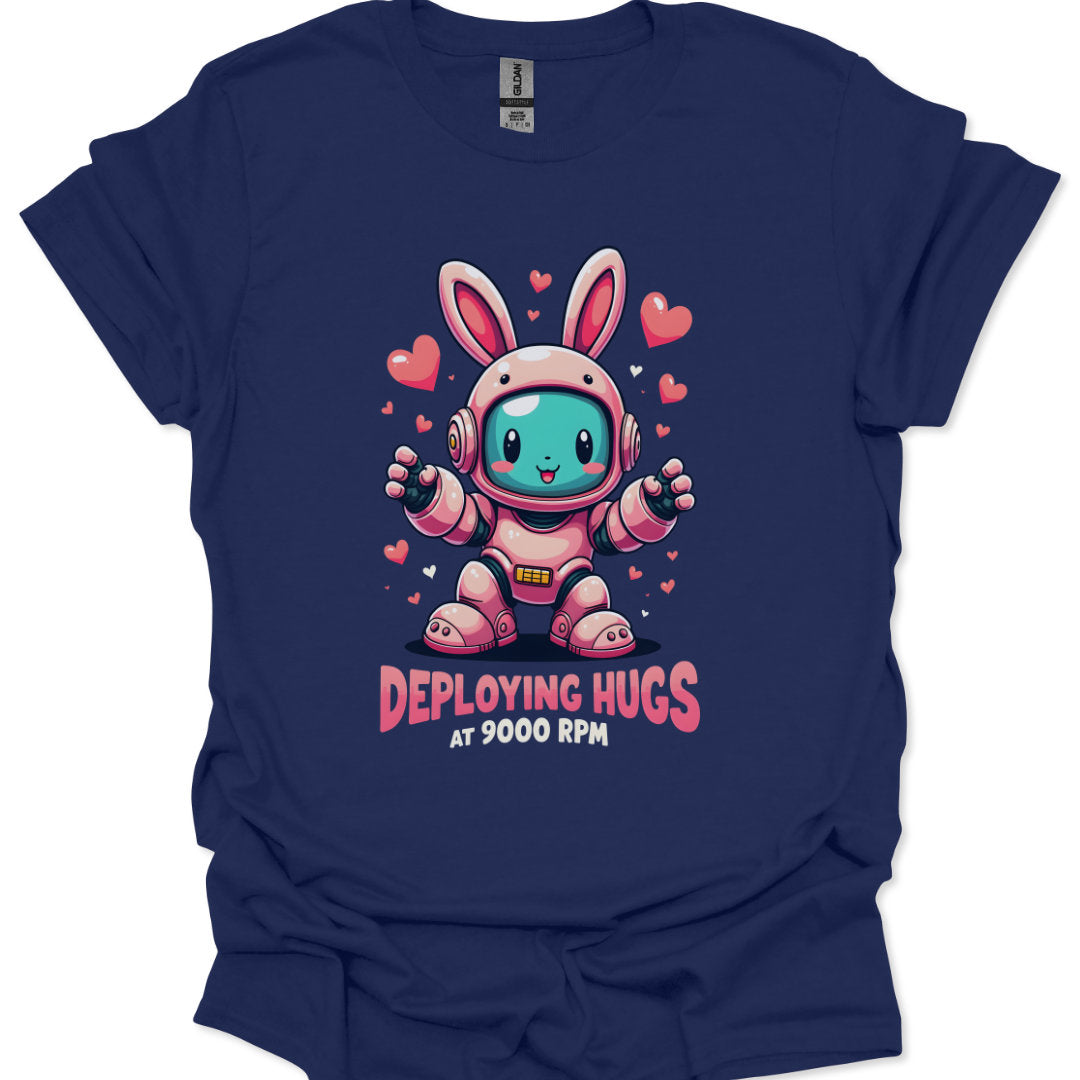 Navy blue t-shirt with a cartoon astronaut bunny design and text on a white background