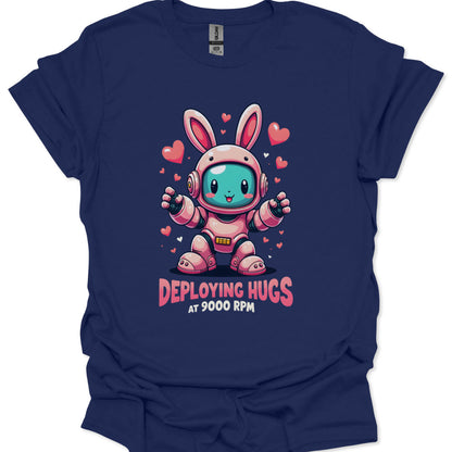Navy blue t-shirt with a cartoon astronaut bunny design and text on a white background