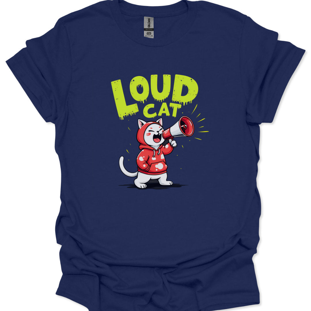 Blue t-shirt with a cartoon cat in a red raincoat holding a megaphone and the text 'LOUD CAT' on a white background.