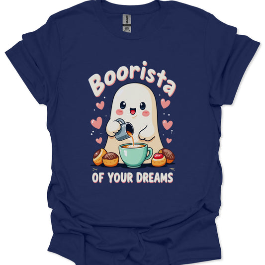 Navy blue t-shirt with a cartoon ghost character and text 'Boorista of your dreams' on a white background
