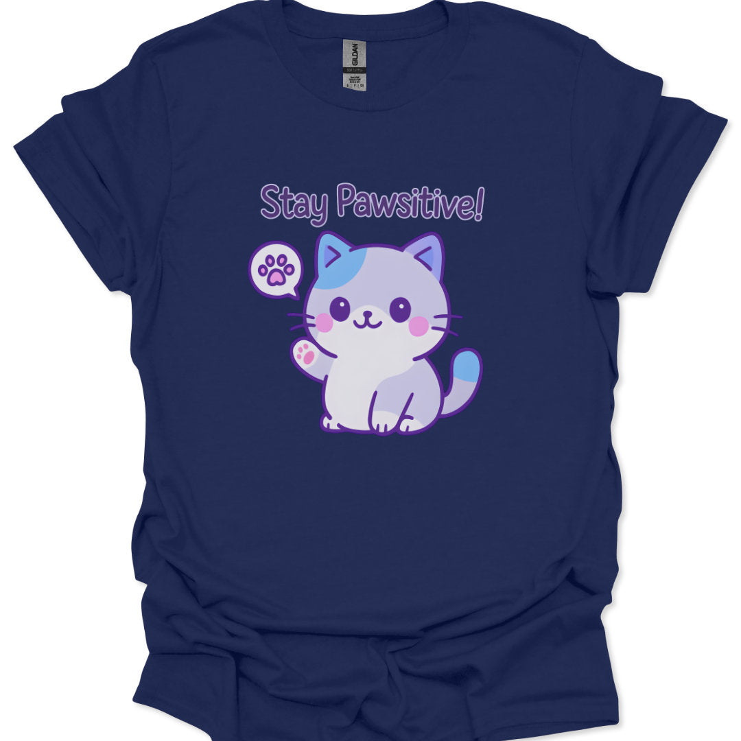 Navy blue t-shirt with a cartoon cat and 'Stay Pawsitive!' text on a white background