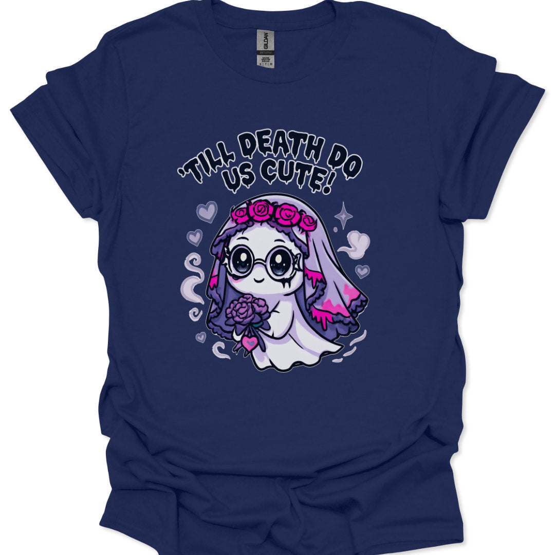 Navy blue t-shirt with a cute cartoon character and text on a white background