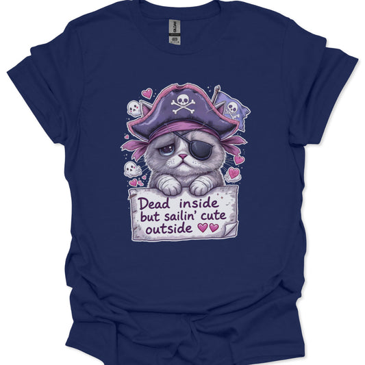 Pirate cat with eyepatch holding a sign