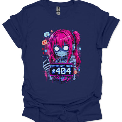 Navy blue t-shirt with a skeleton character with pink hair and a phone, text 'Emotion Not Found #404' on a white background.